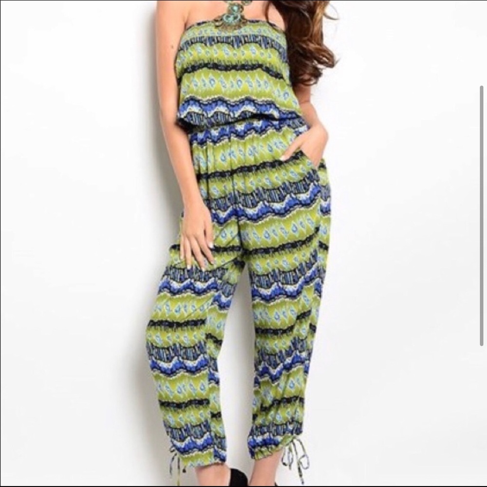 OLIVE ROYAL BLUE & BLACK STRAPLESS JUMPSUIT